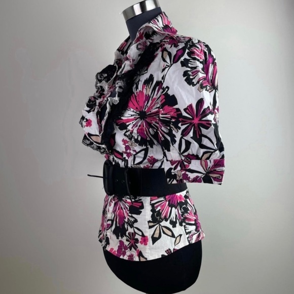 Bebe Floral Print Pink Multicolor Ruffle Layered Collar Belted V-Neck Blouse - Picture 5 of 11